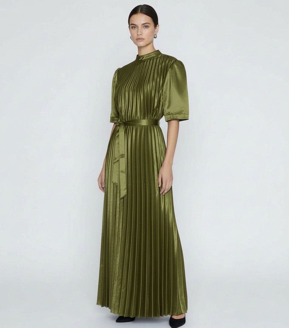 Satin Pleated Flared Dress