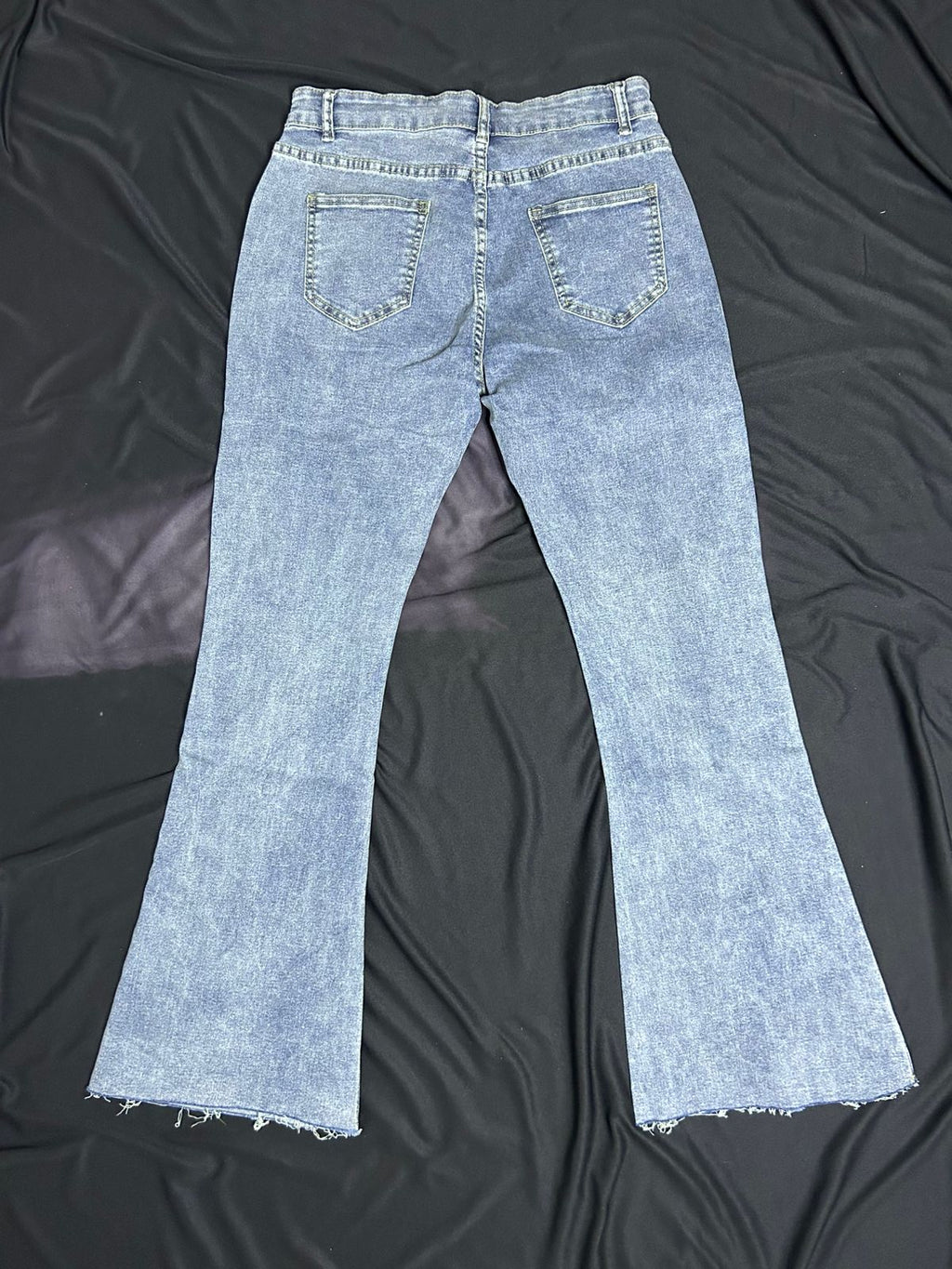 Wide Bottom Faded Blue Jeans - With Shiny Diamond Stones Work At The Bottom
