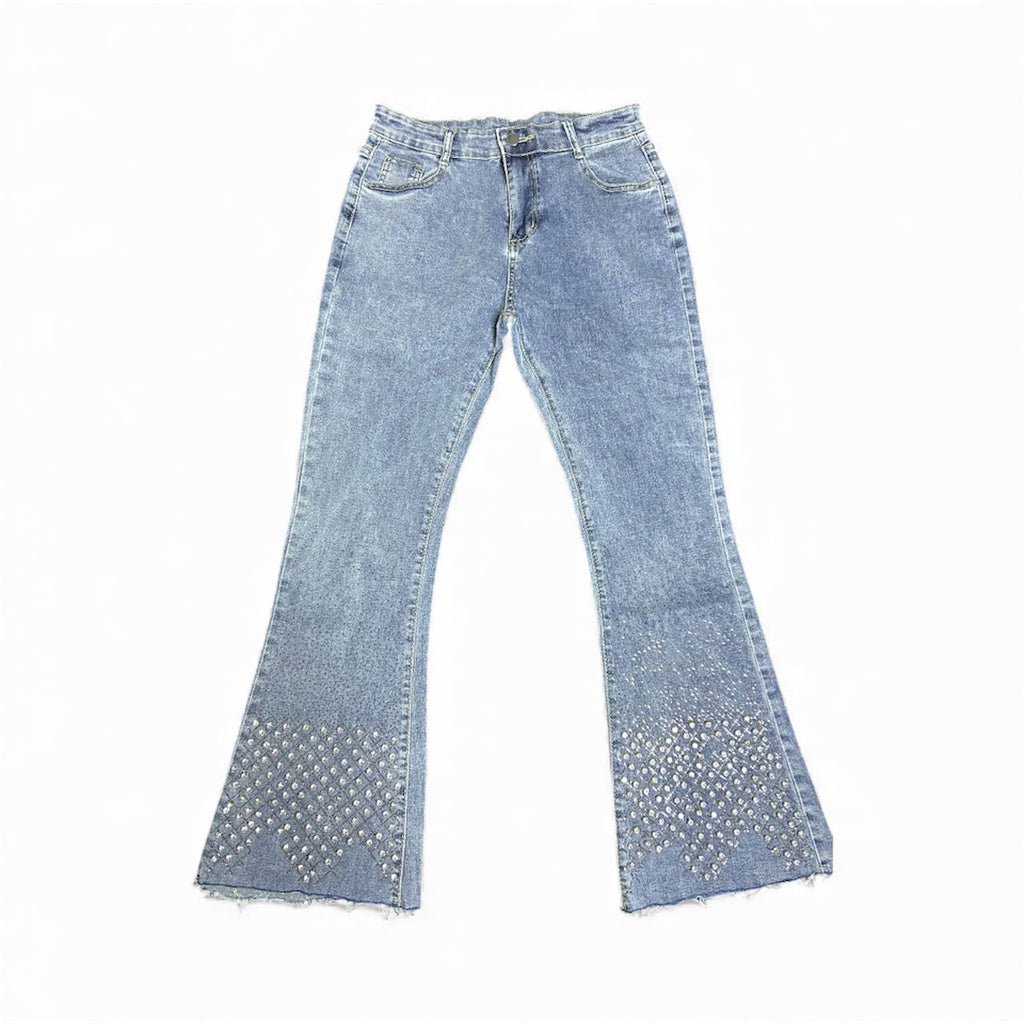 Wide Bottom Faded Blue Jeans - With Shiny Diamond Stones Work At The Bottom