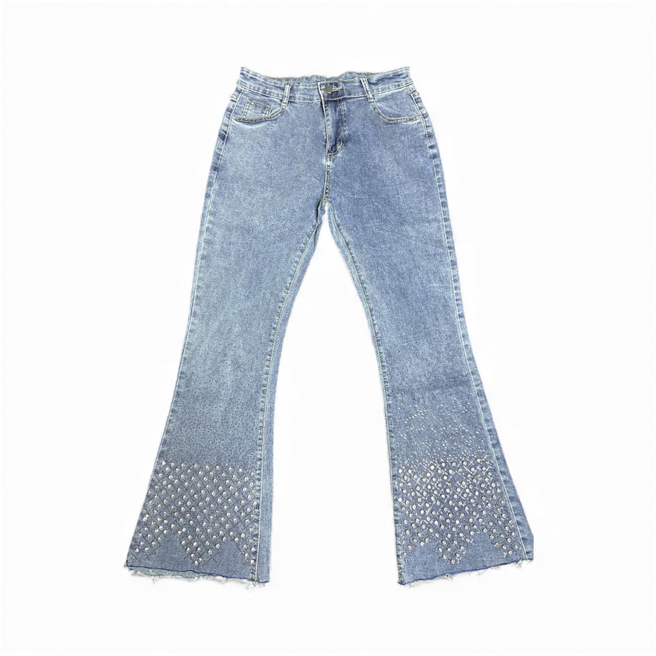 Wide Bottom Faded Blue Jeans - With Shiny Diamond Stones Work At The Bottom