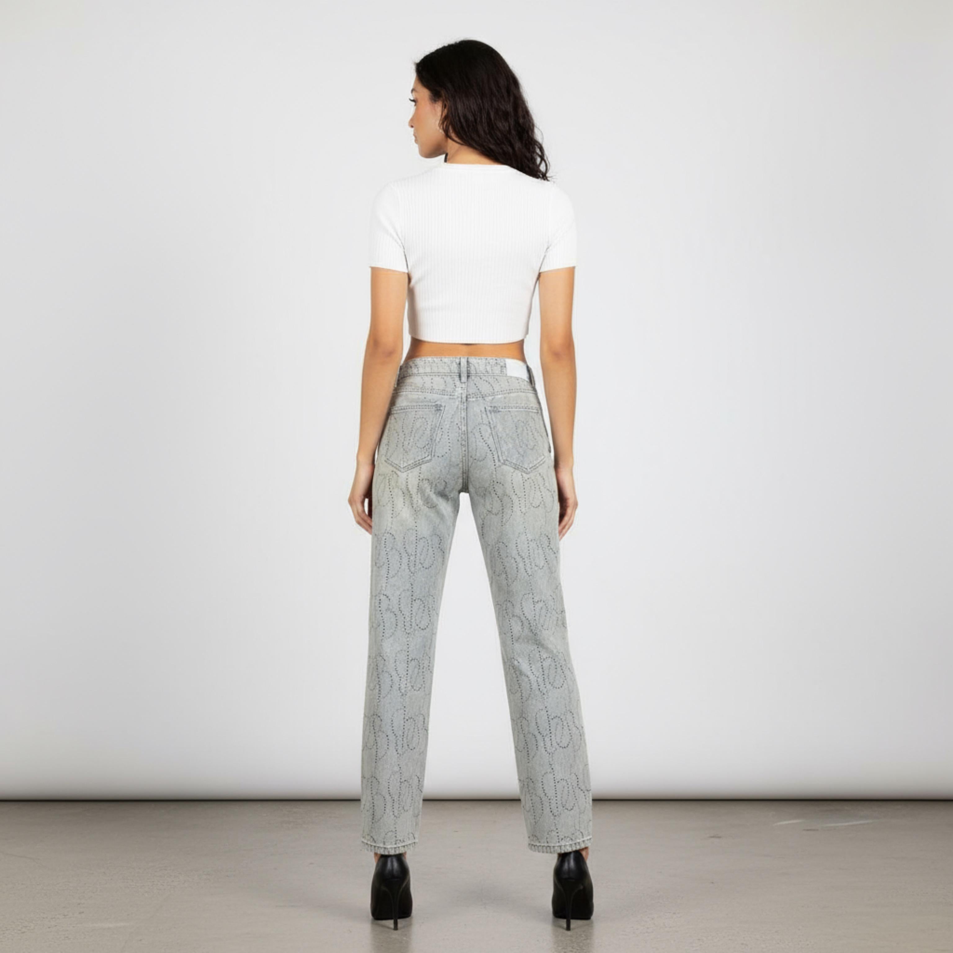 Diamond Shiny High-Waist Straight-Fit Jeans