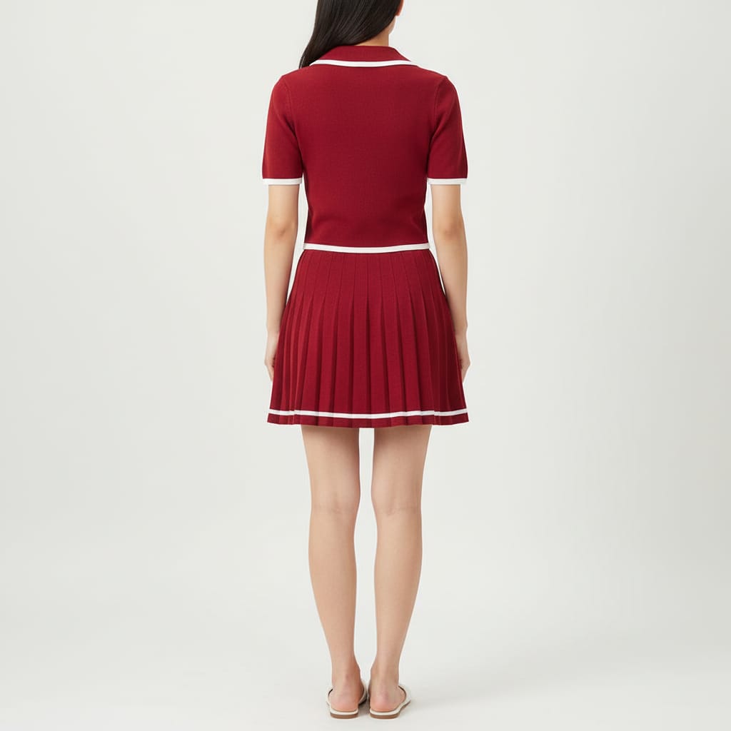 Women's Pleated  Knit Set With Whit Stripes Short Sleeve Button Crop Top and Pleated Mini Skirt.