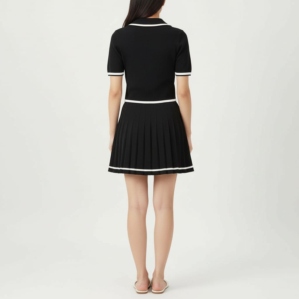 Women's Pleated  Knit Set With Whit Stripes Short Sleeve Button Crop Top and Pleated Mini Skirt.
