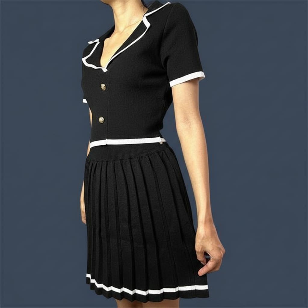 Women's Pleated  Knit Set With Whit Stripes Short Sleeve Button Crop Top and Pleated Mini Skirt.
