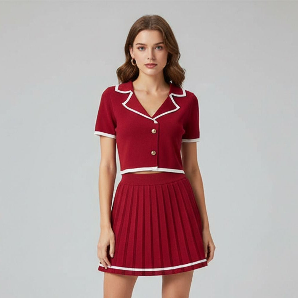 Women's Pleated  Knit Set With Whit Stripes Short Sleeve Button Crop Top and Pleated Mini Skirt.