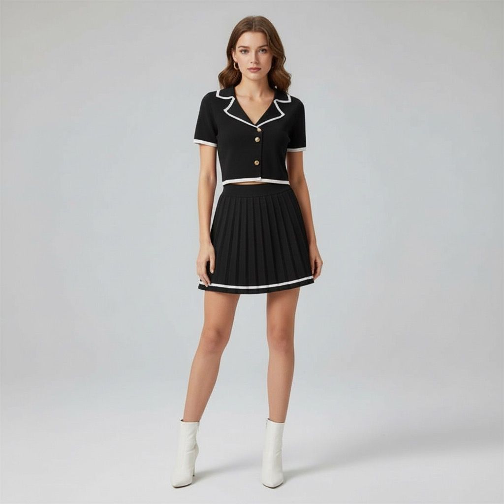 Women's Pleated  Knit Set With Whit Stripes Short Sleeve Button Crop Top and Pleated Mini Skirt.