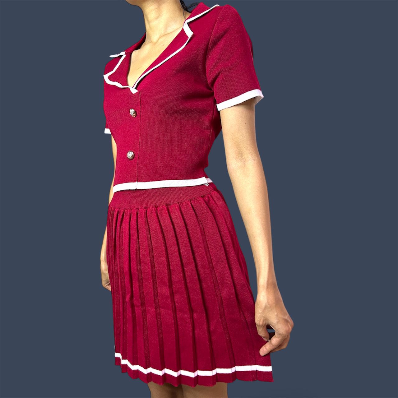 Women's Pleated  Knit Set With Whit Stripes Short Sleeve Button Crop Top and Pleated Mini Skirt.