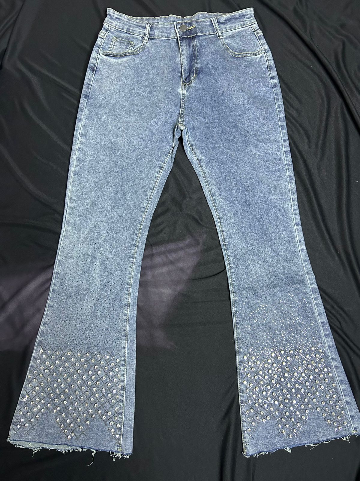 Wide Bottom Faded Blue Jeans - With Shiny Diamond Stones Work At The Bottom