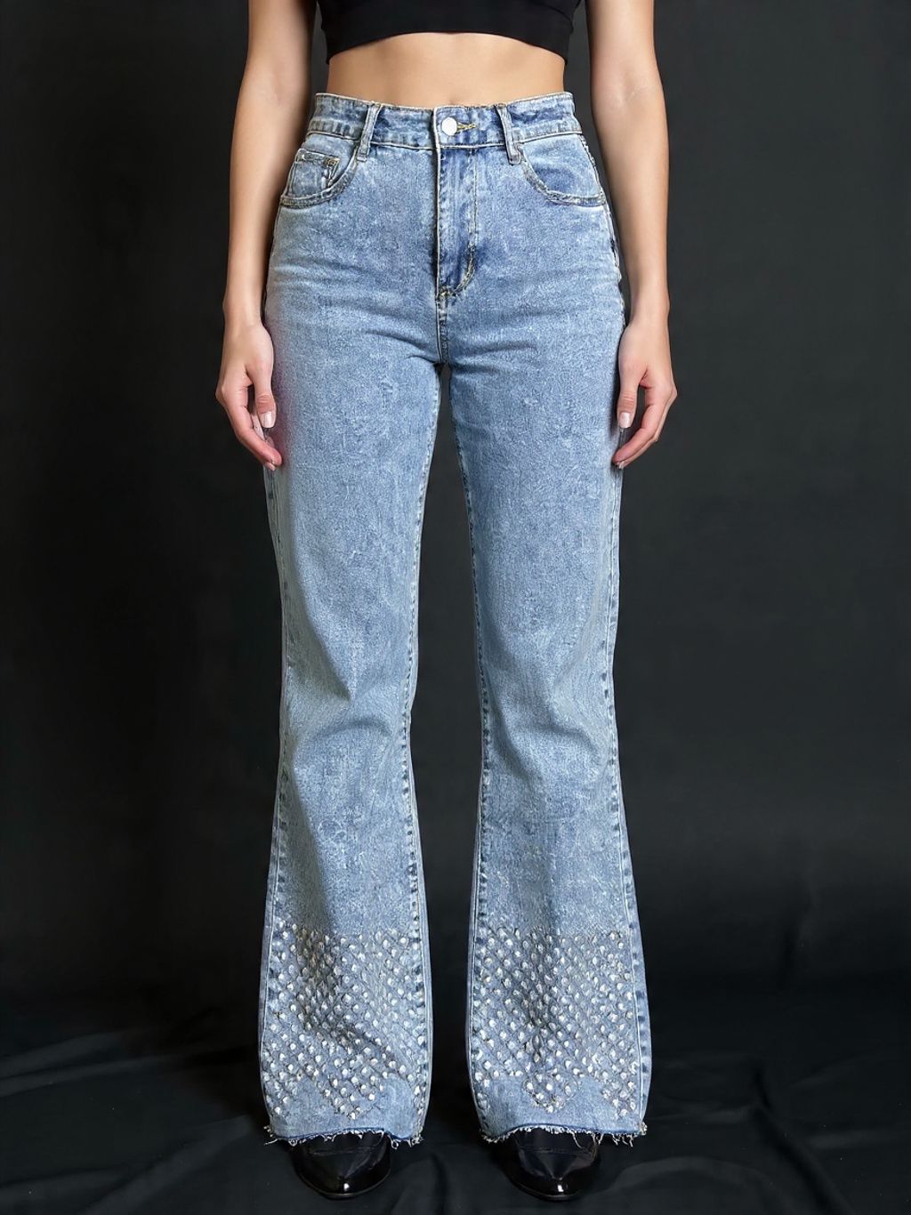 Wide Bottom Faded Blue Jeans - With Shiny Diamond Stones Work At The Bottom