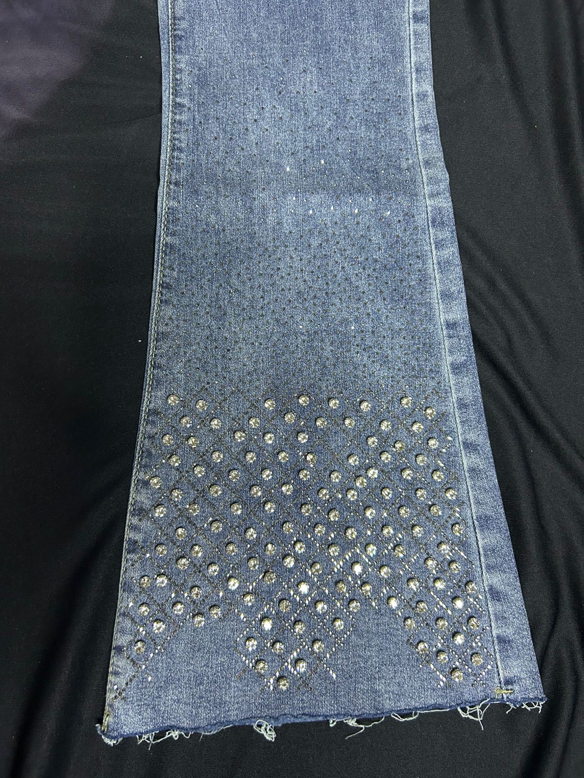 Wide Bottom Faded Blue Jeans - With Shiny Diamond Stones Work At The Bottom